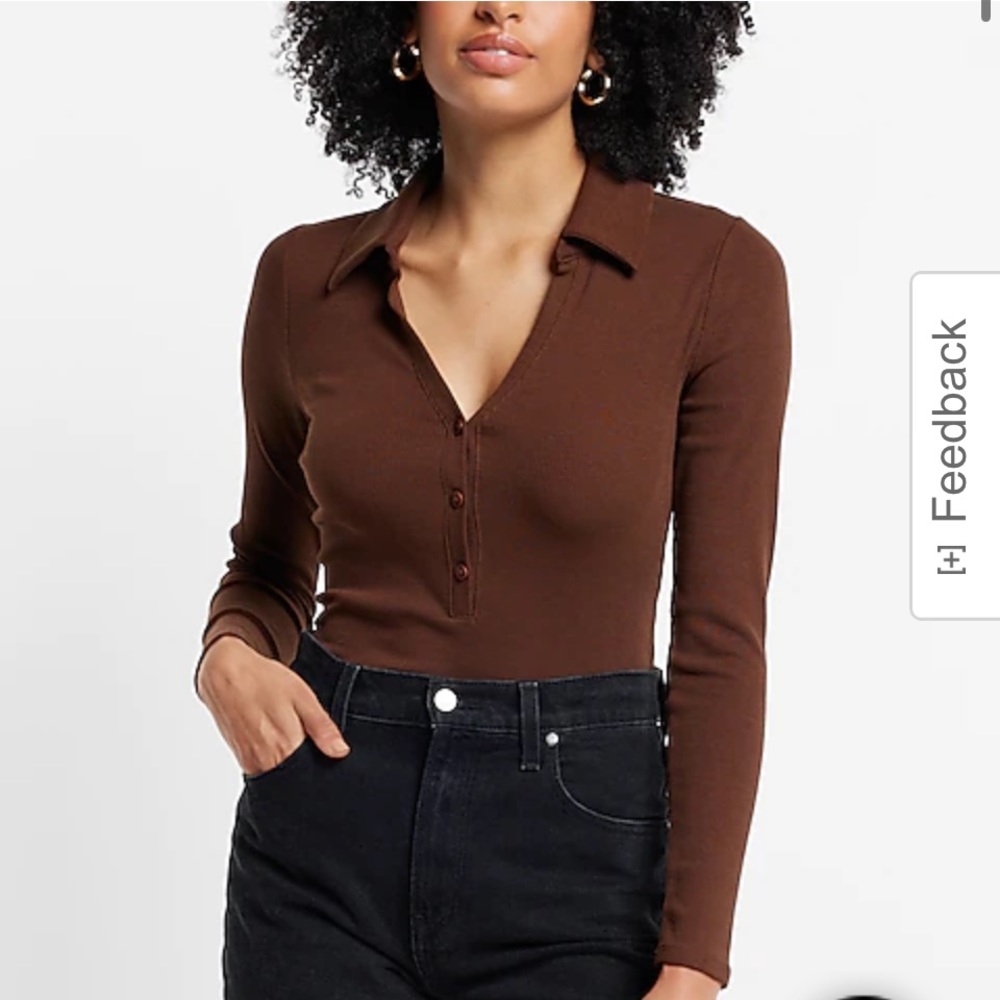 Express Ribbed V-Neck Long Sleeve Polo Bodysuit